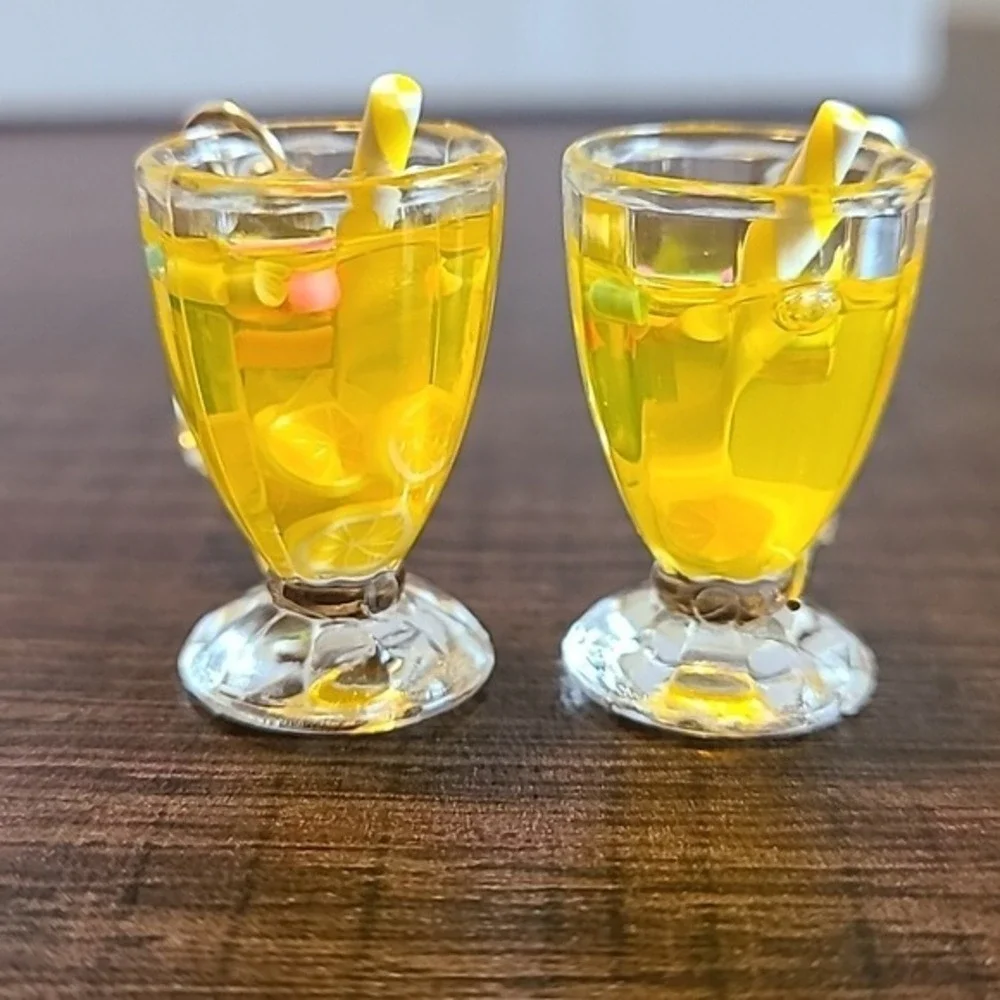 Handmade Yellow Lemonade Glass Drink Earrings Miniature Food Dangle Drops Summer